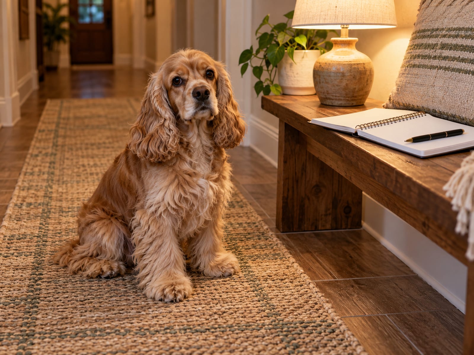 Tan cocker spaniel sitting on a hallway runner beside a low bench with an open blank notebook and plain pen