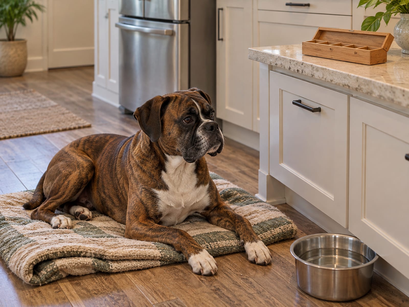 Brindle boxer lying on a folded blanket beside a kitchen counter with a steel water bowl and a plain wooden pill organizer