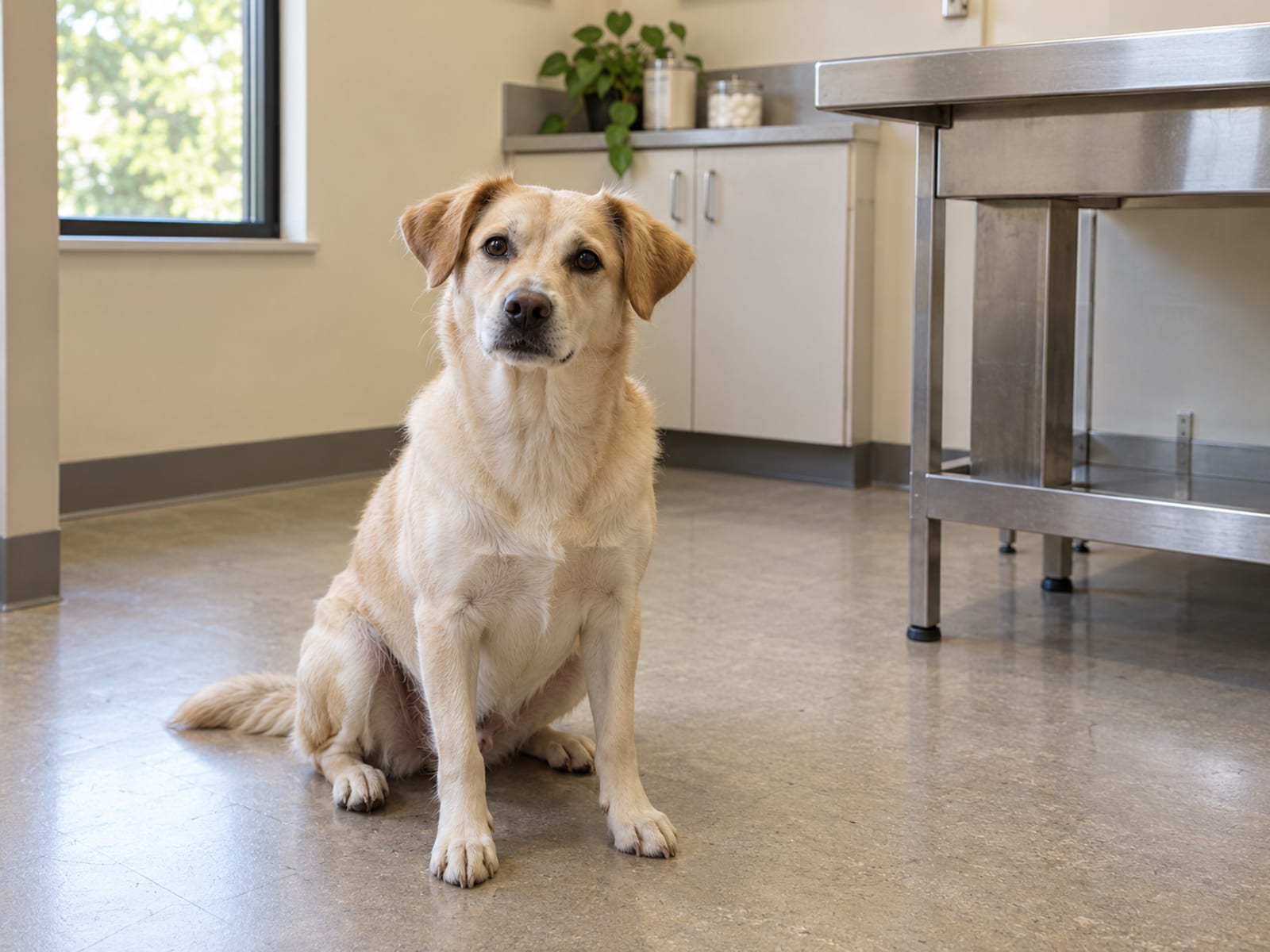 Cream mixed-breed dog sitting on the floor of a veterinary exam room beside a steel table and cabinet