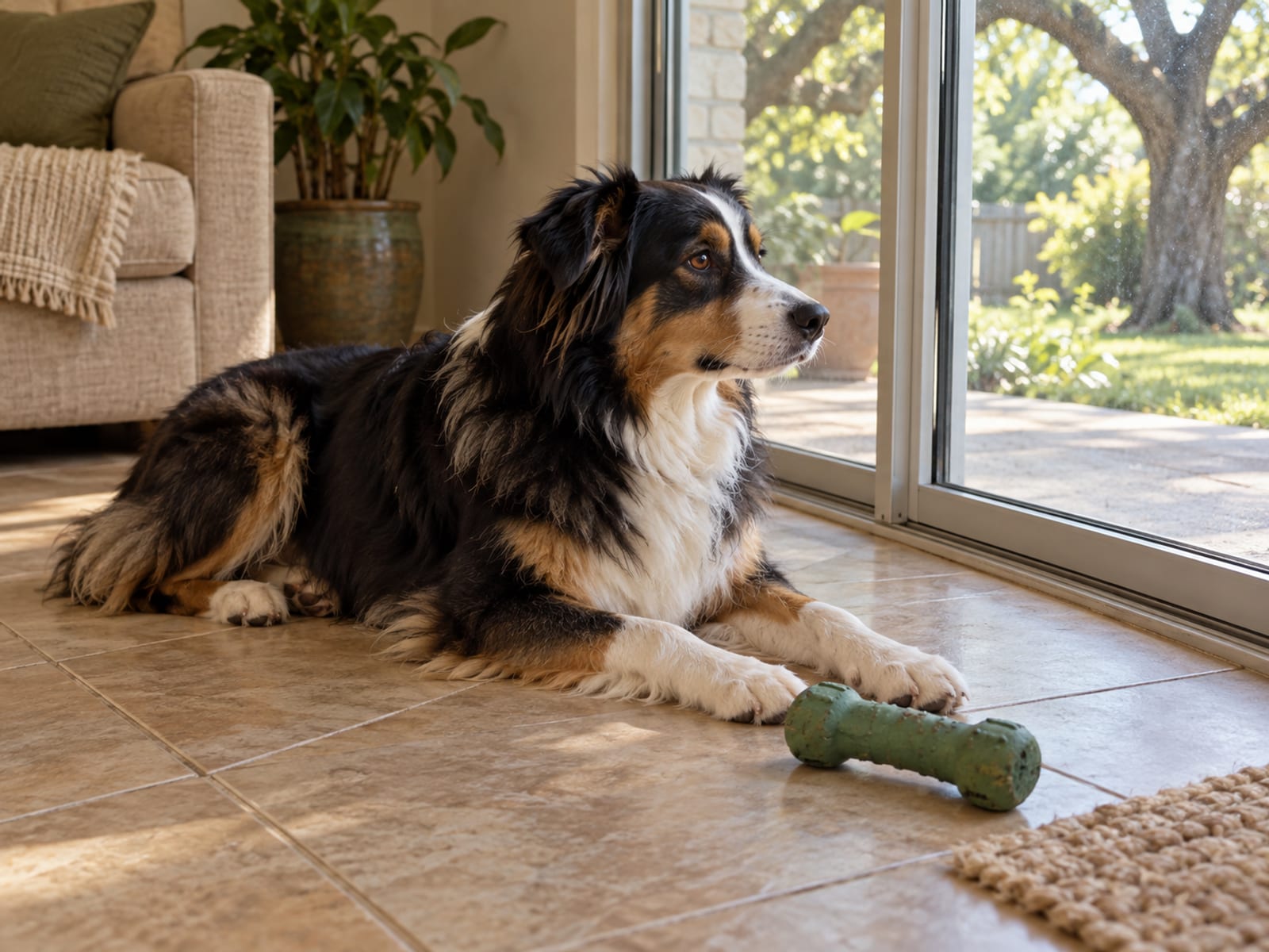 Tricolor Australian shepherd lying on tile in front of a sliding glass door with a plain rubber chew toy