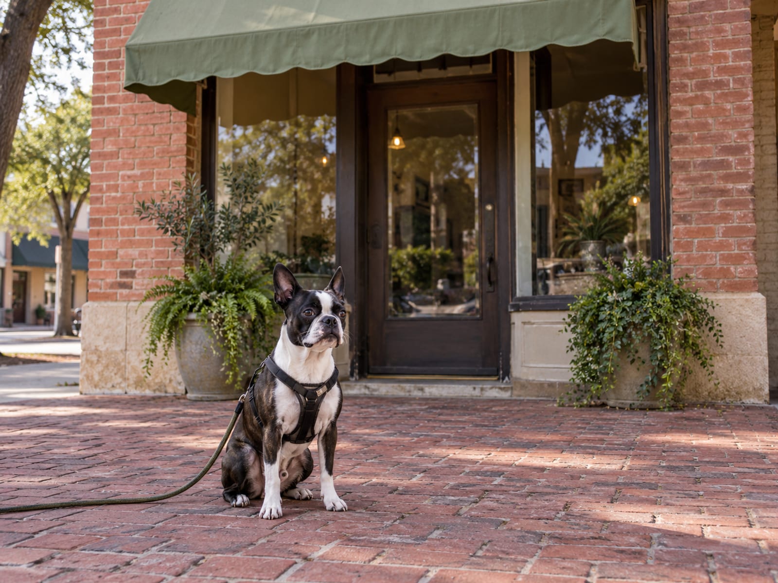 Boston terrier sitting on a red brick sidewalk in front of a small-town storefront with a plain glass door and a plain fabric awning, leash trailing slack