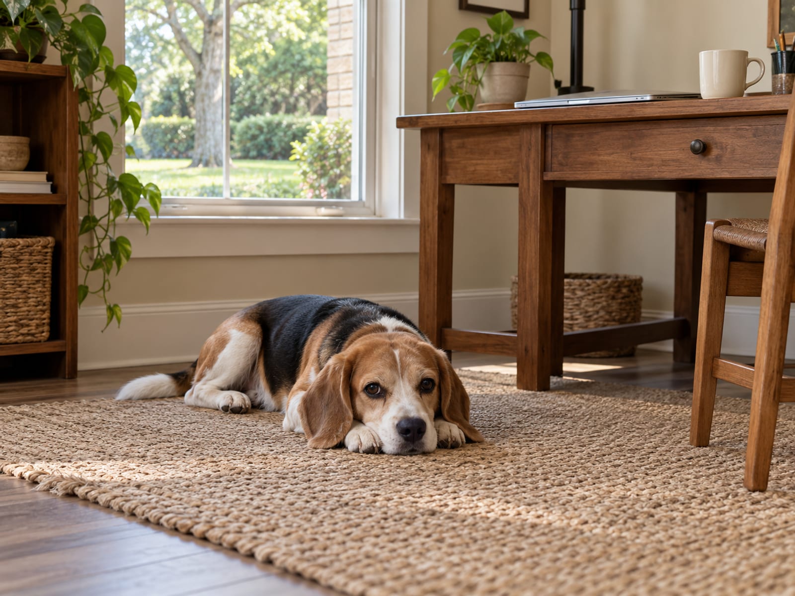 Beagle lying on a woven rug beside a tidy wooden home desk with a closed laptop and a coffee mug, a green yard visible through the window
