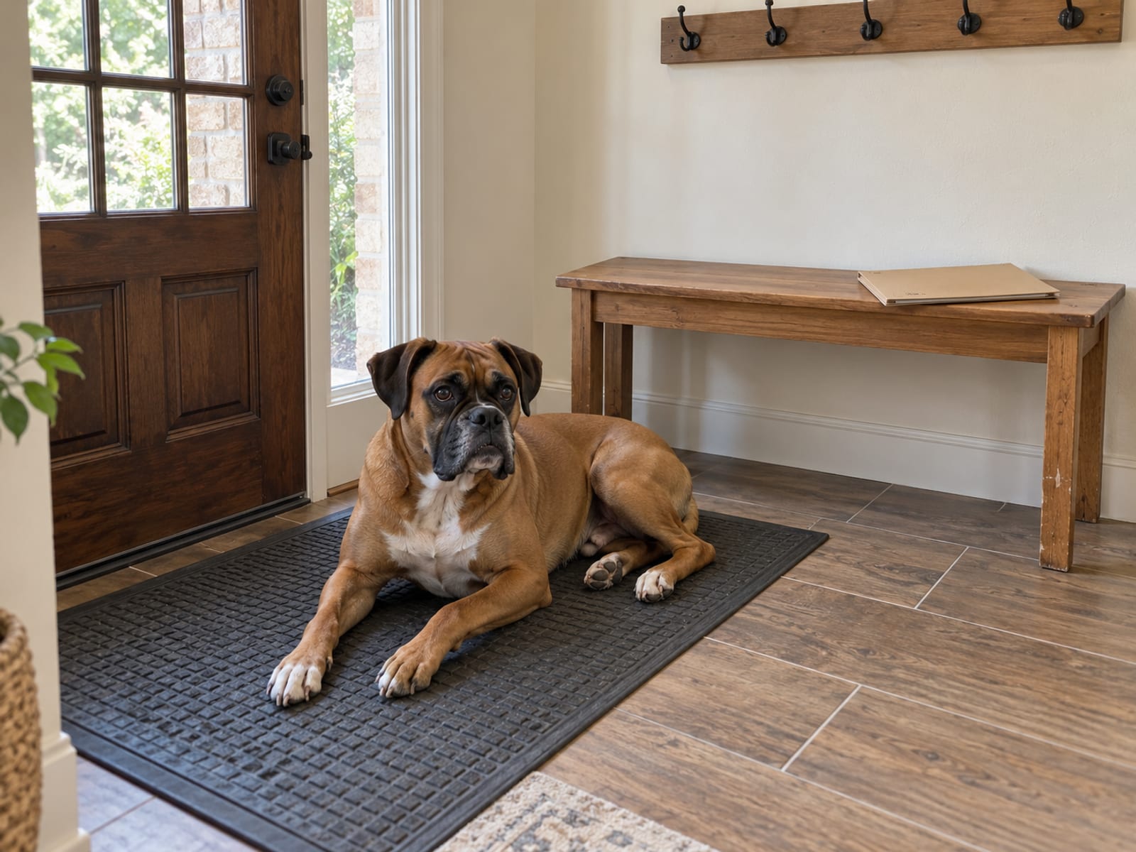 Fawn boxer lying calmly on a rubber mat in a clean home entryway beside a wooden bench holding a plain closed folder