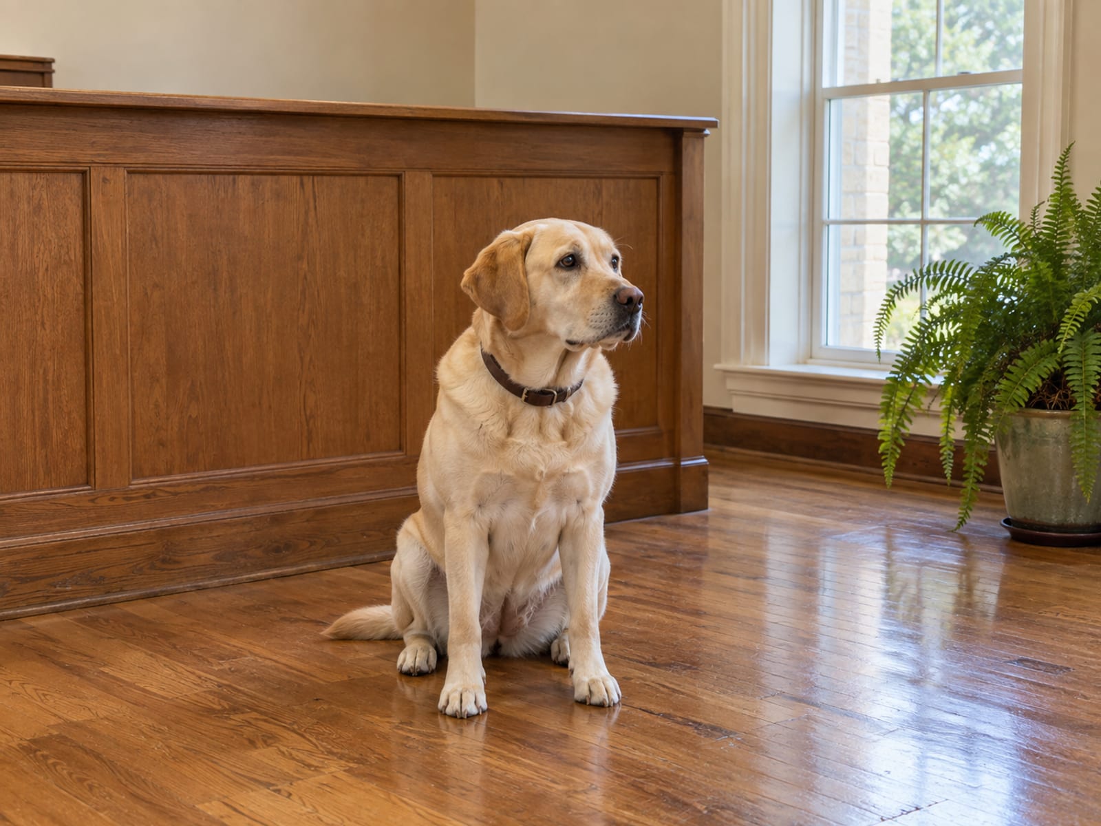 Yellow Labrador retriever sitting on a polished wooden floor in front of a plain wooden service counter in a small office lobby beside a tall window and potted fern