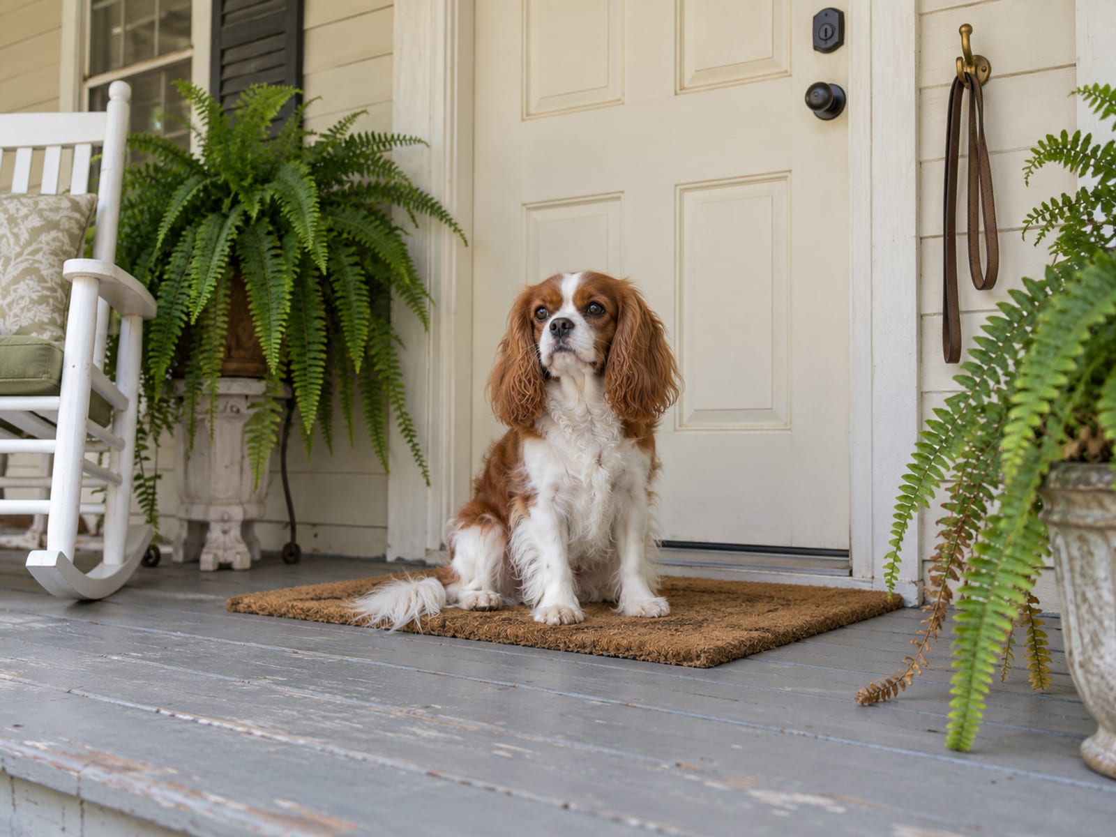 Blenheim Cavalier King Charles spaniel waiting on the front porch mat of a small cottage beside a rocking chair and potted ferns, a leash hanging on a hook by the door