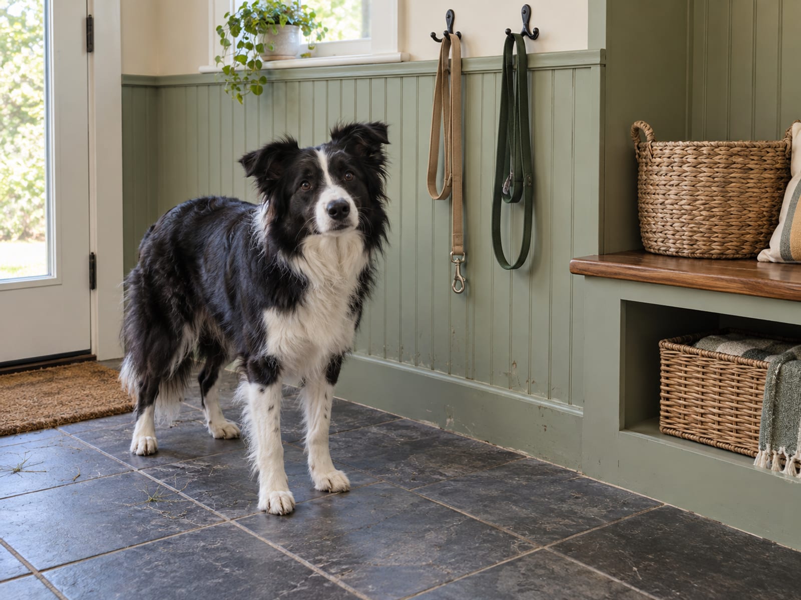 Black and white Border collie standing in a tidy mudroom beside two plain leashes hanging on wall hooks