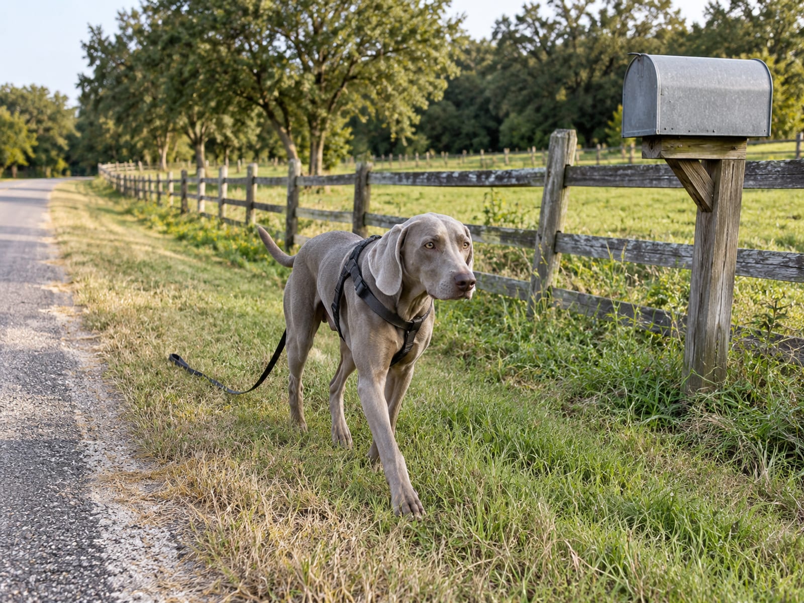 Grey Weimaraner walking along a grassy road shoulder past a wooden pasture fence and a plain mailbox, a slack leash trailing from its harness