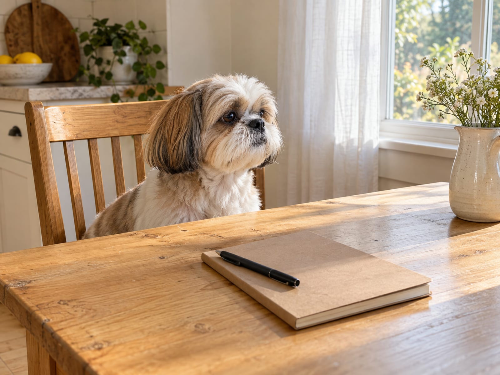 Gold and white Shih Tzu sitting on a wooden kitchen chair pulled up to a sunny table holding a closed notebook and a pen