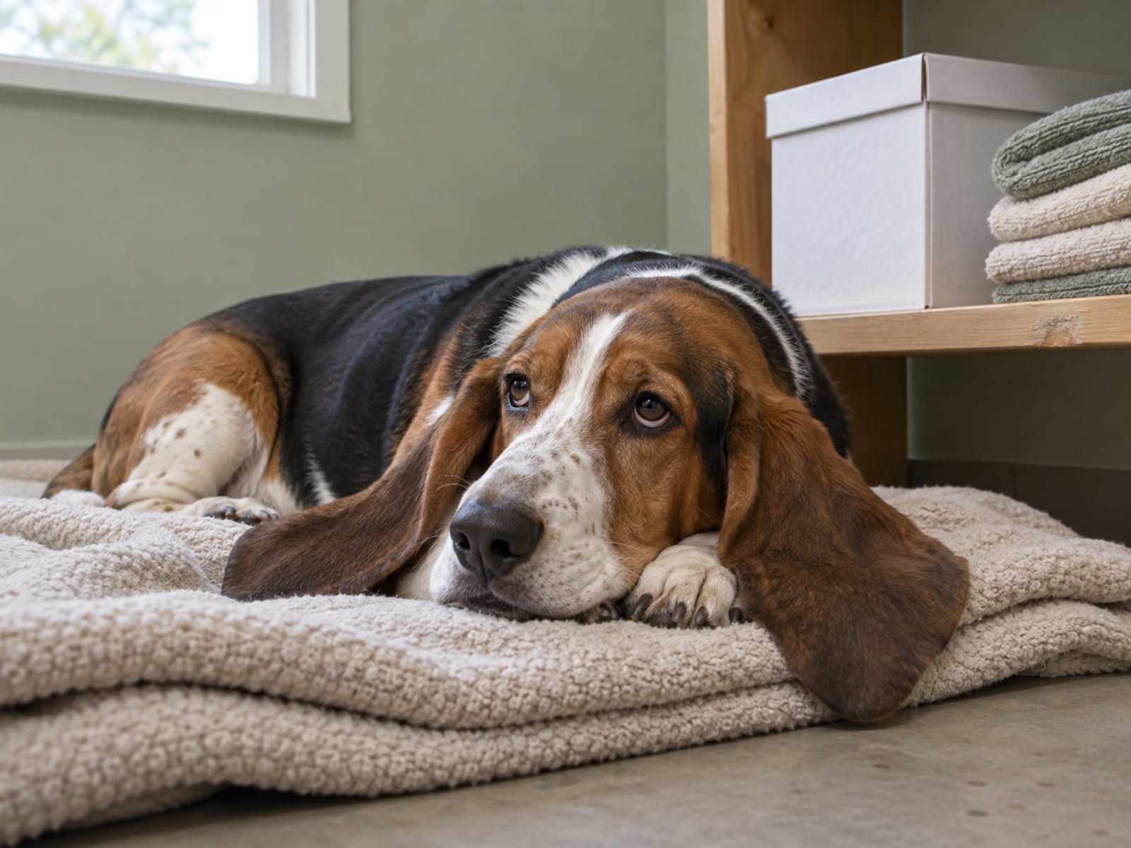 Tricolor basset hound resting calmly on a clean folded blanket in a quiet back room beside a plain unmarked white box on a shelf