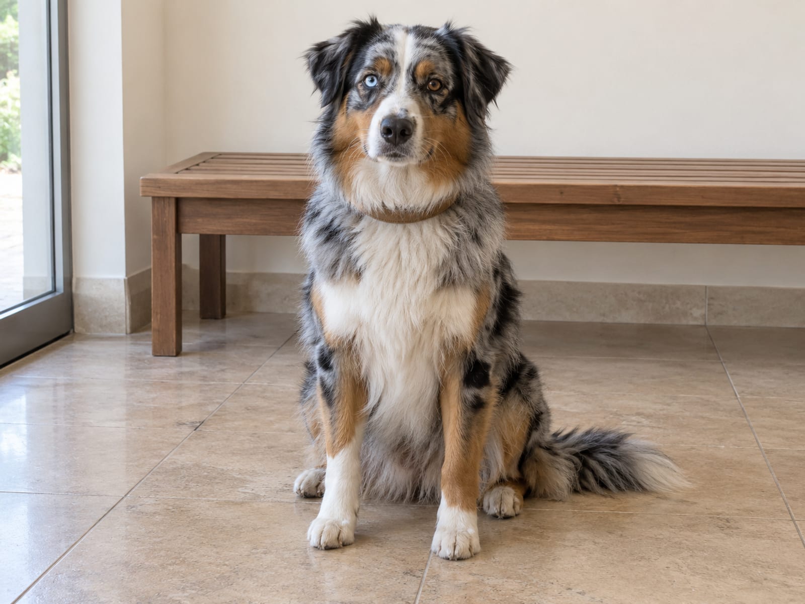 Blue merle Australian shepherd in a plain flat collar sitting calmly on a tile floor in the bright entry of a boarding facility, a wooden bench behind it