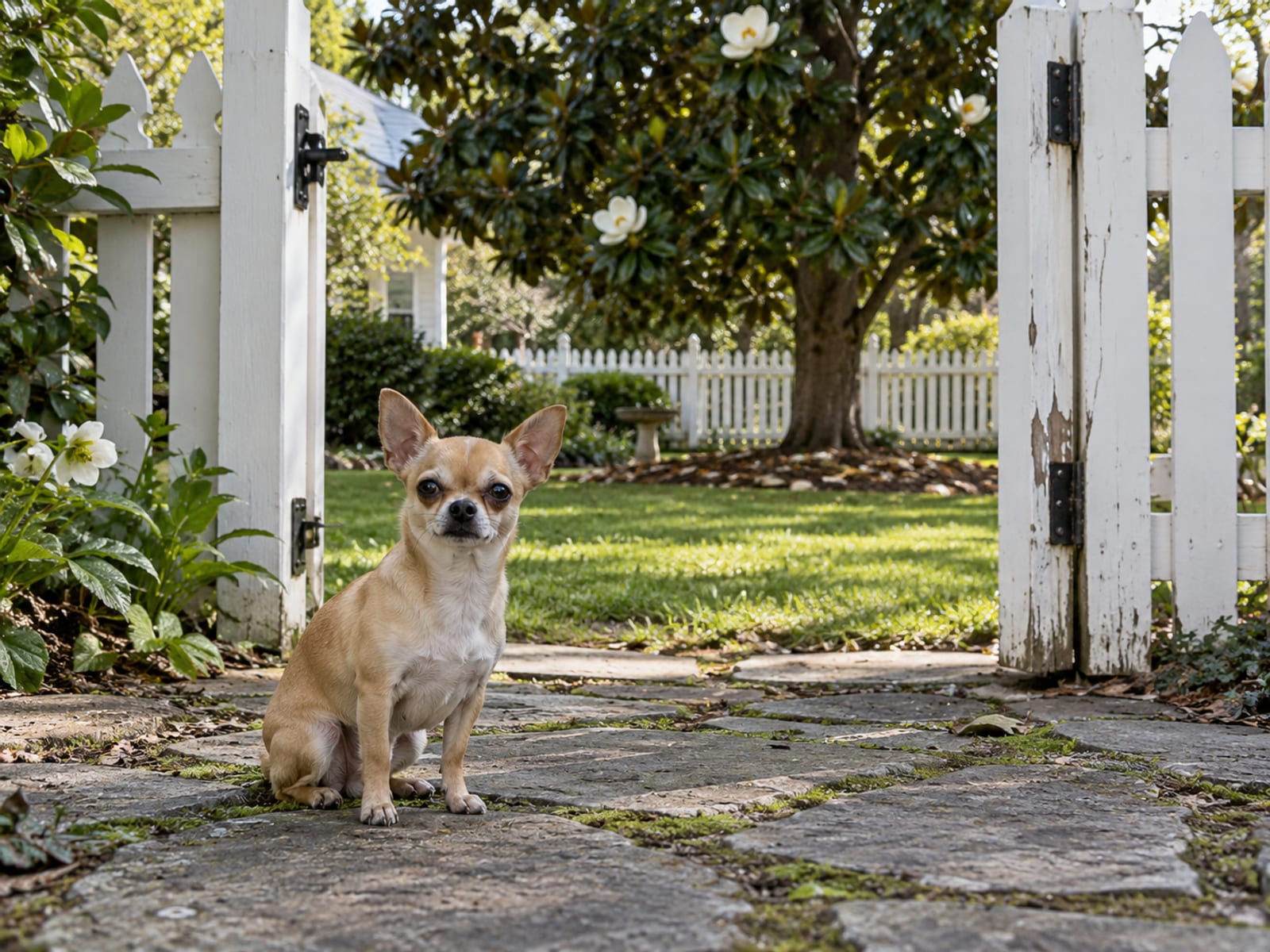 Small fawn Chihuahua sitting on a flagstone path in front of the open gate of a small fenced backyard with a magnolia tree