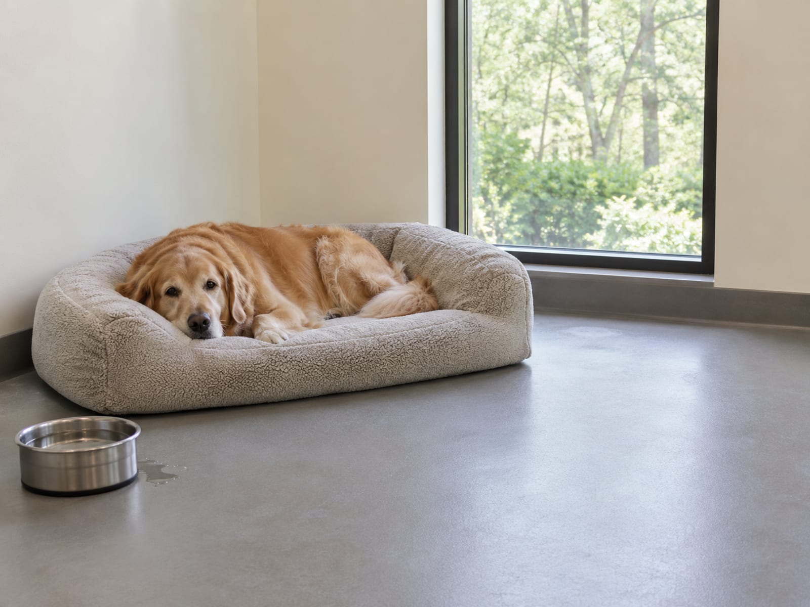 Golden retriever resting on a soft bed in a spacious, clean, quiet veterinary clinic room with a tall window and a rubber floor