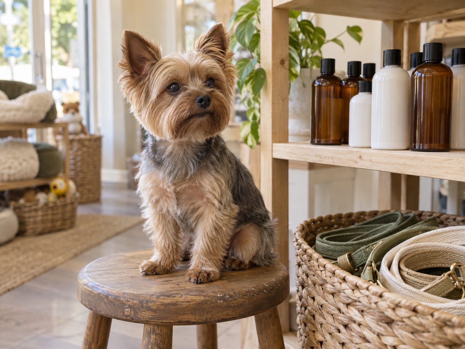 Yorkshire terrier sentado en un banco de madera junto a un pequeño estante de venta con botellas sencillas sin etiqueta y una canasta de correas en una tienda de mascotas luminosa