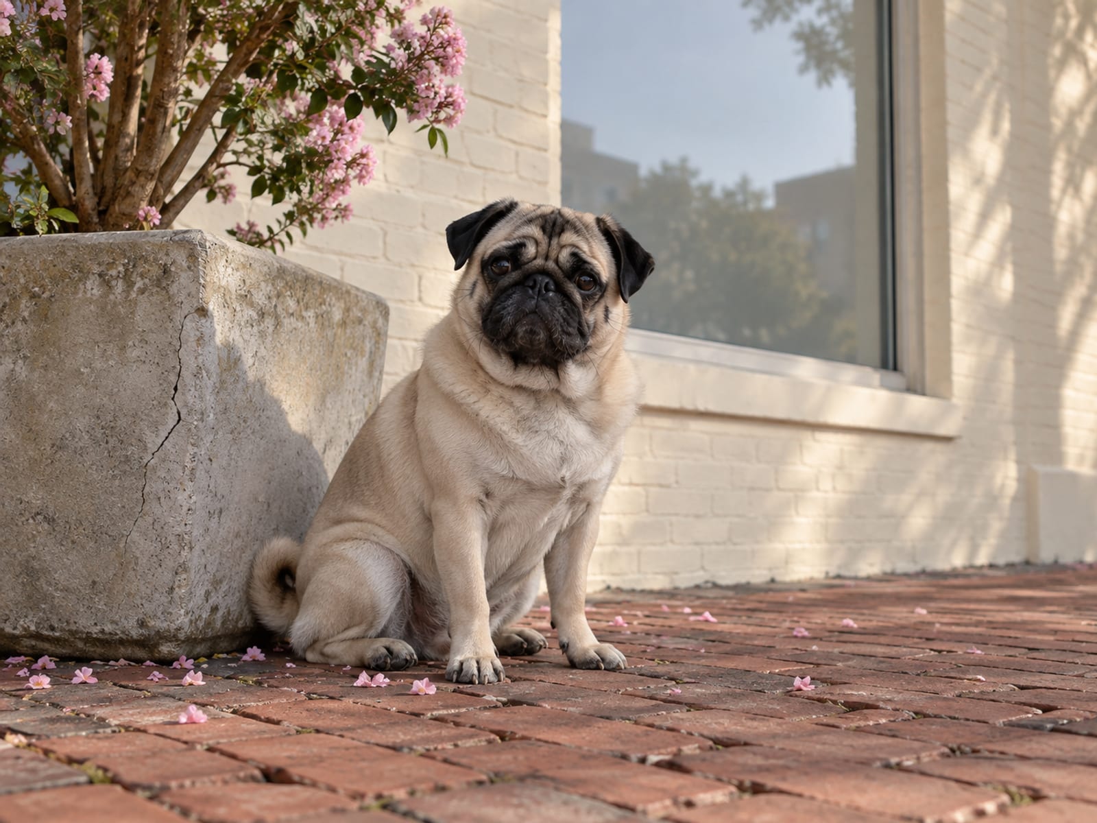 Pug color leonado sentado en una acera de ladrillo soleada junto a una jardinera con un crespón afuera de una tienda sencilla