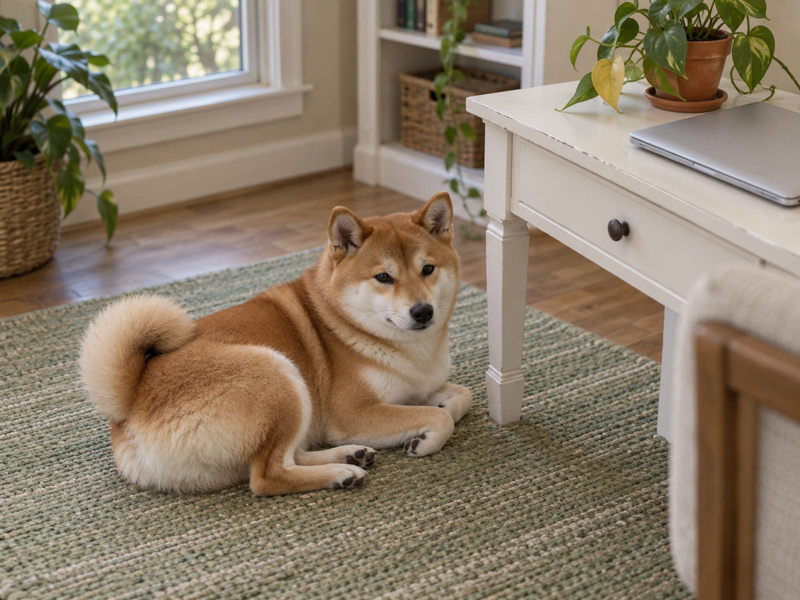Shiba Inu rojo acostado y enroscado sobre un tapete junto a un escritorio ordenado de una oficina en casa, con una laptop cerrada y una planta pequeña en maceta