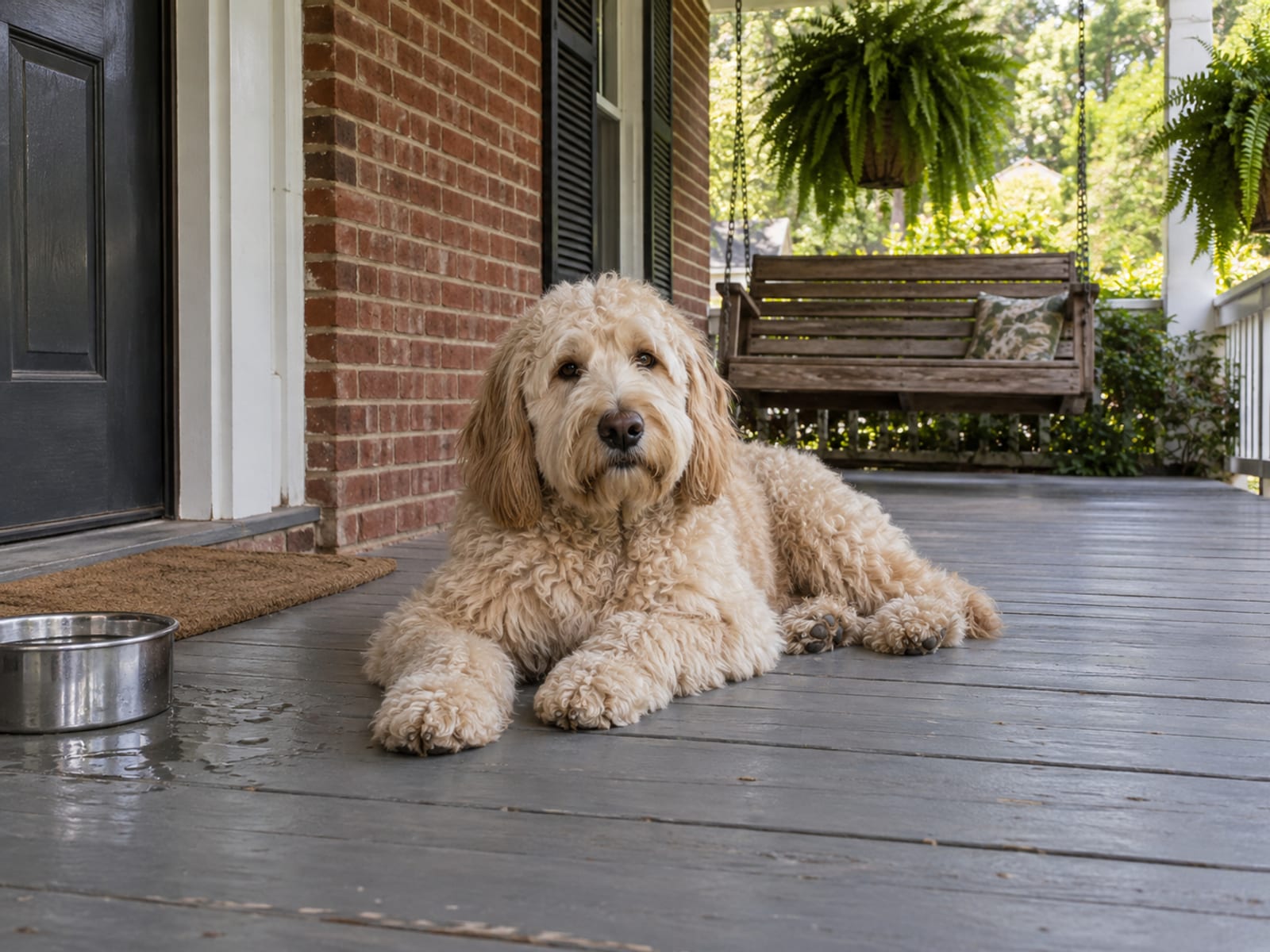 Labradoodle color crema descansando en el porche delantero sombreado de un bungalow de ladrillo con un columpio de porche y helechos colgantes, con un plato de agua junto a la puerta