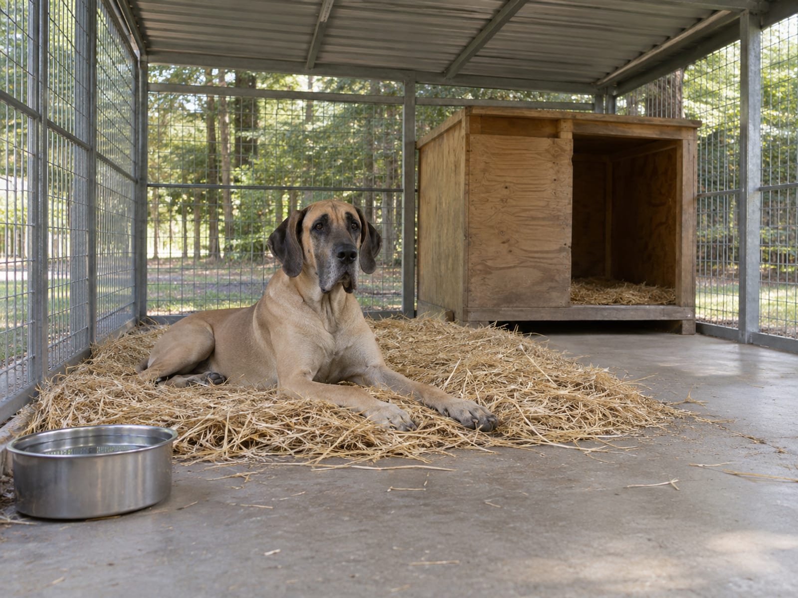Great Dane lying on fresh bedding inside a roomy covered outdoor run with a solid floor, shade and a water bowl