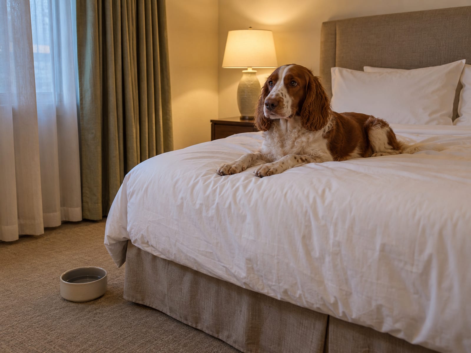 Welsh springer spaniel resting on a bed with plain linen in a clean hotel-style room beside a water bowl