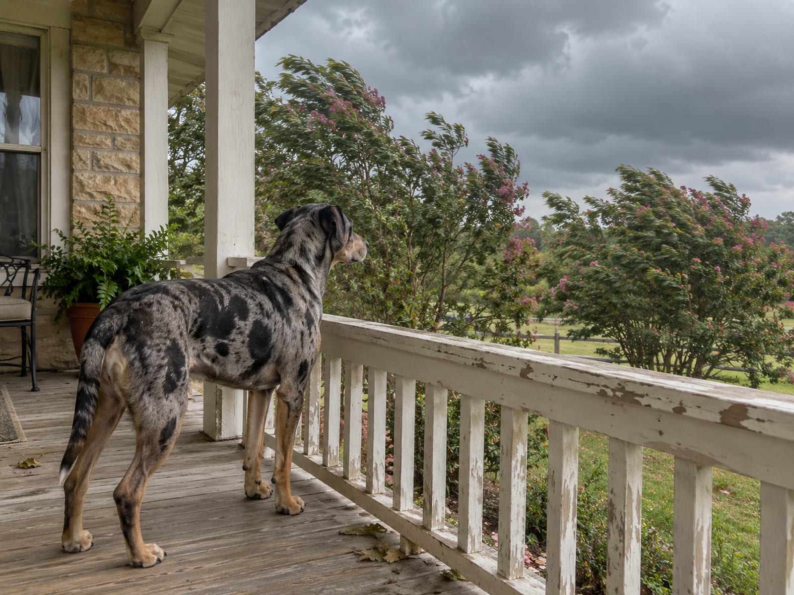 Catahoula leopard dog standing alert on a front porch under a heavy grey sky, with wind-bent crape myrtles in the yard