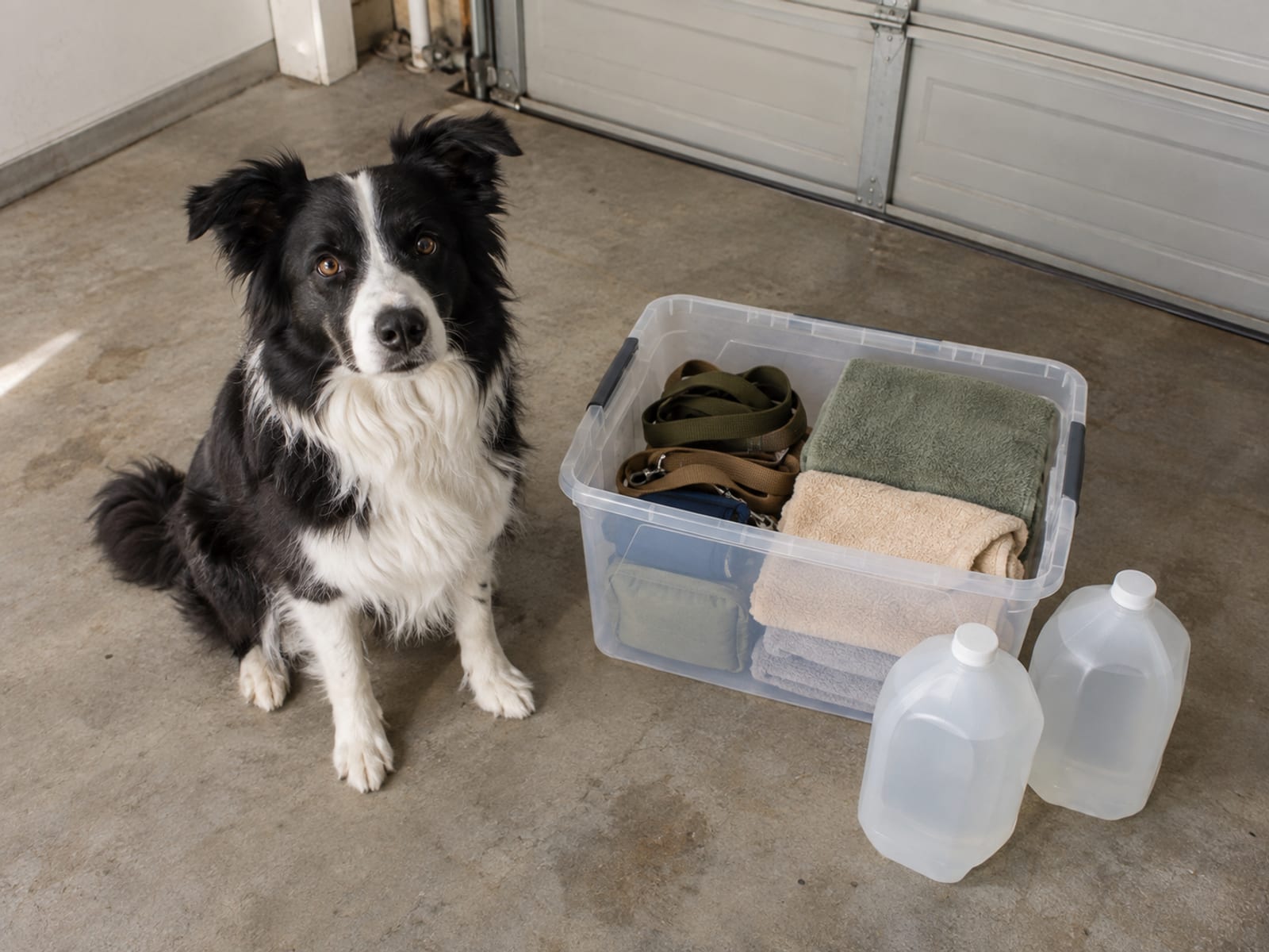 Border collie sitting on a clean garage floor beside an open tote holding leashes, folded towels and two unlabeled water jugs