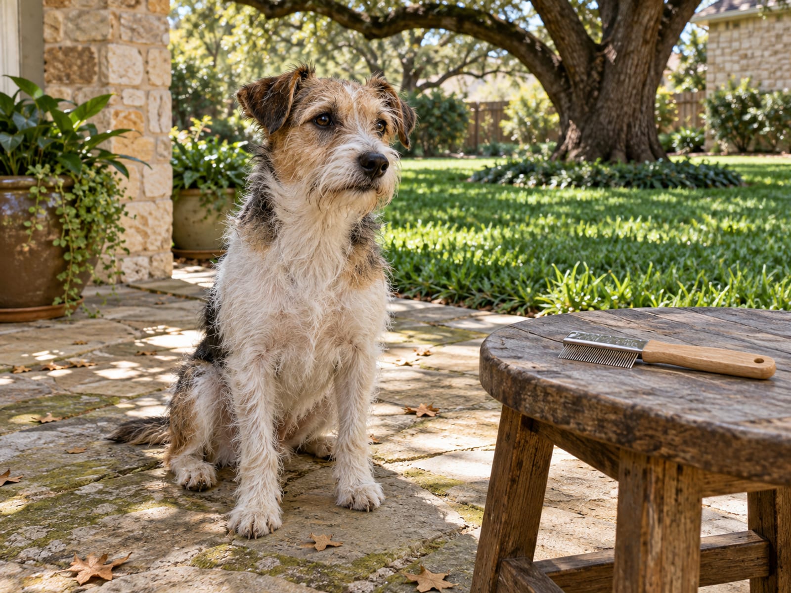 Wire-haired terrier mix sitting on a patio beside a St. Augustine lawn and live oak with a plain flea comb on a wooden stool