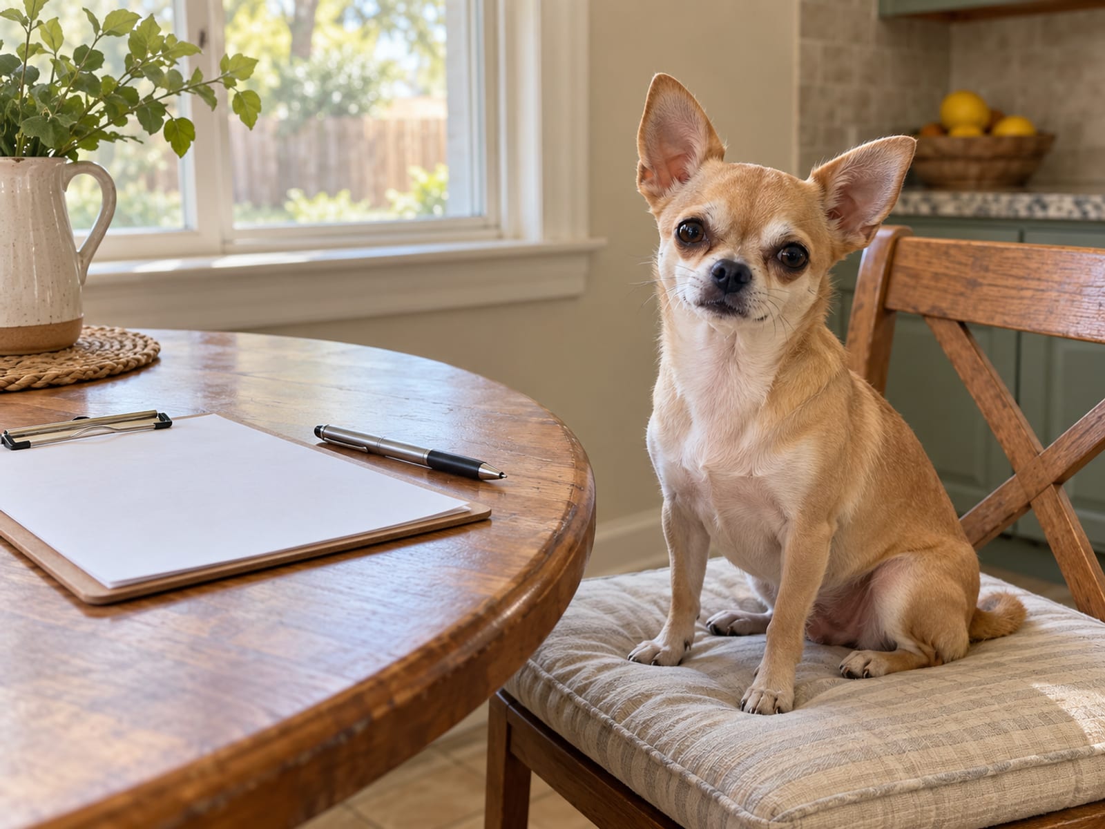 Small fawn chihuahua sitting on a kitchen chair cushion beside a blank clipboard and plain pen on a tidy table