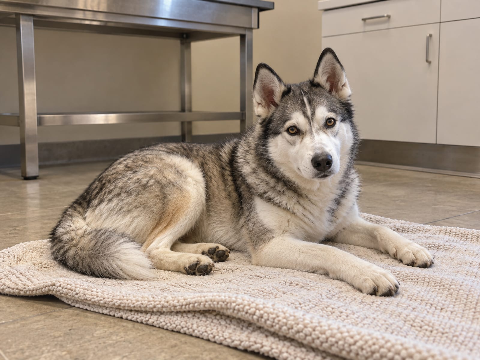 Gray and white husky mix lying on a clean blanket in a quiet veterinary treatment room