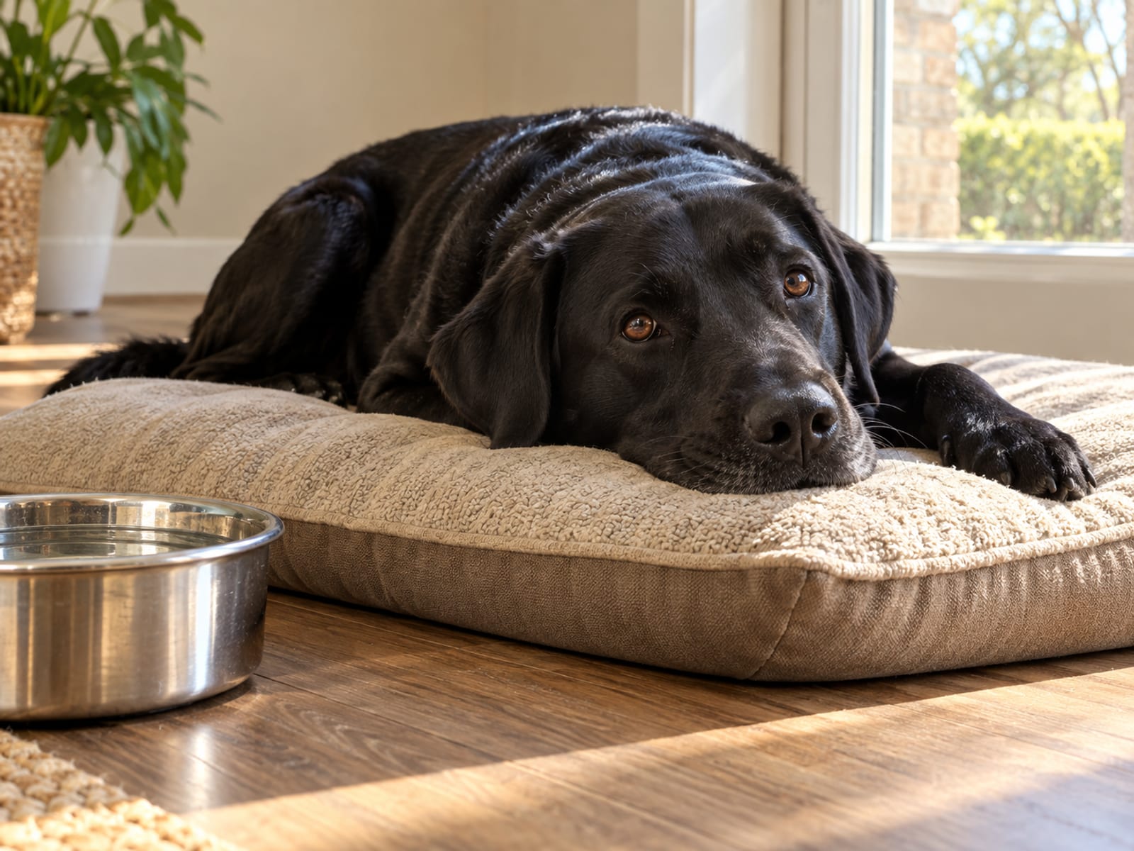 Black Labrador retriever resting its chin on a cushion on a wood-look floor beside a steel water bowl
