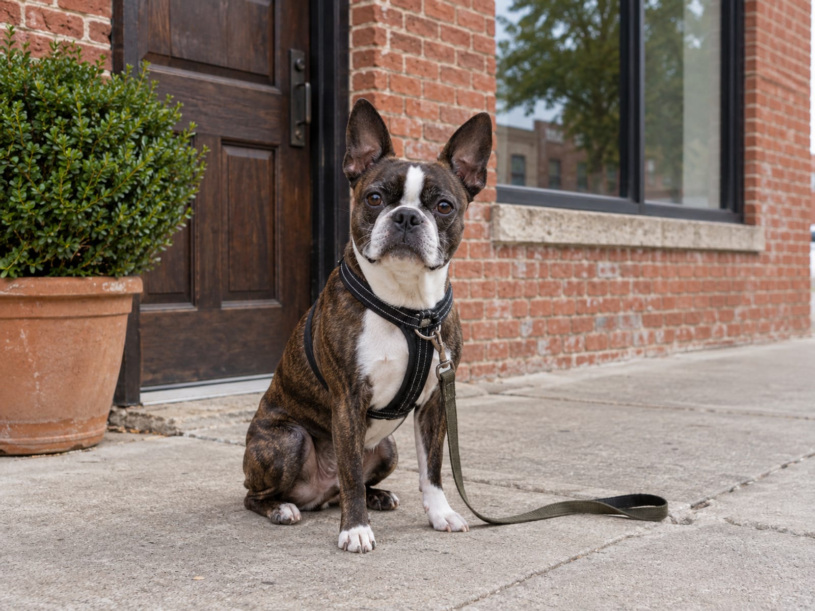 Brindle Boston terrier sitting on a clean sidewalk in front of a small plain brick storefront with a potted shrub