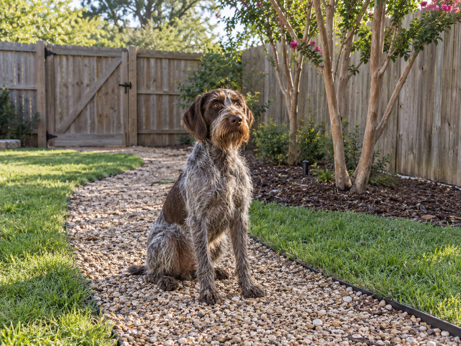 Wire-haired pointing griffon sitting on a gravel path inside a tidy fenced backyard play yard with a closed gate and young crape myrtles