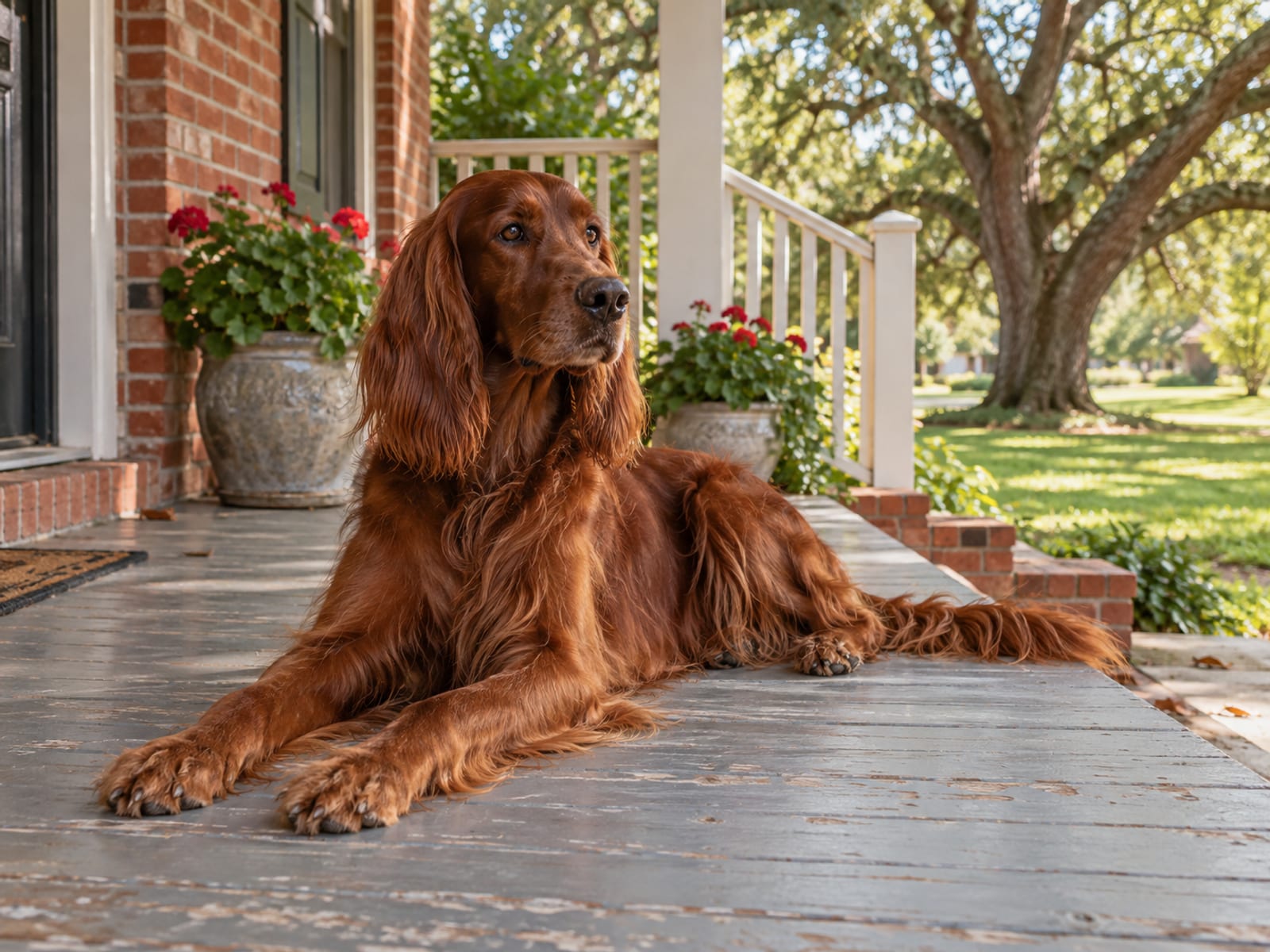 Gentle red Irish setter lying on the porch of a brick house with a pecan tree and lawn behind it