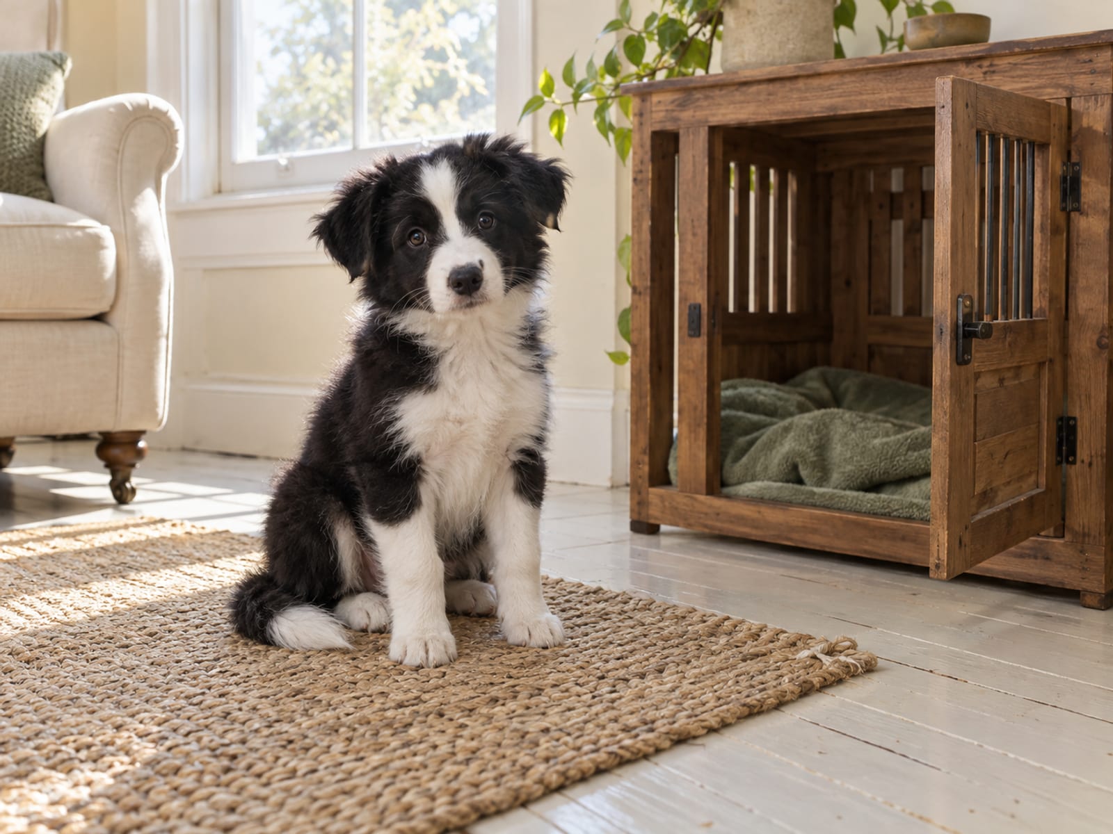 Black and white Border collie puppy sitting on a woven rug beside a low wooden crate with its door open in a sunny front room