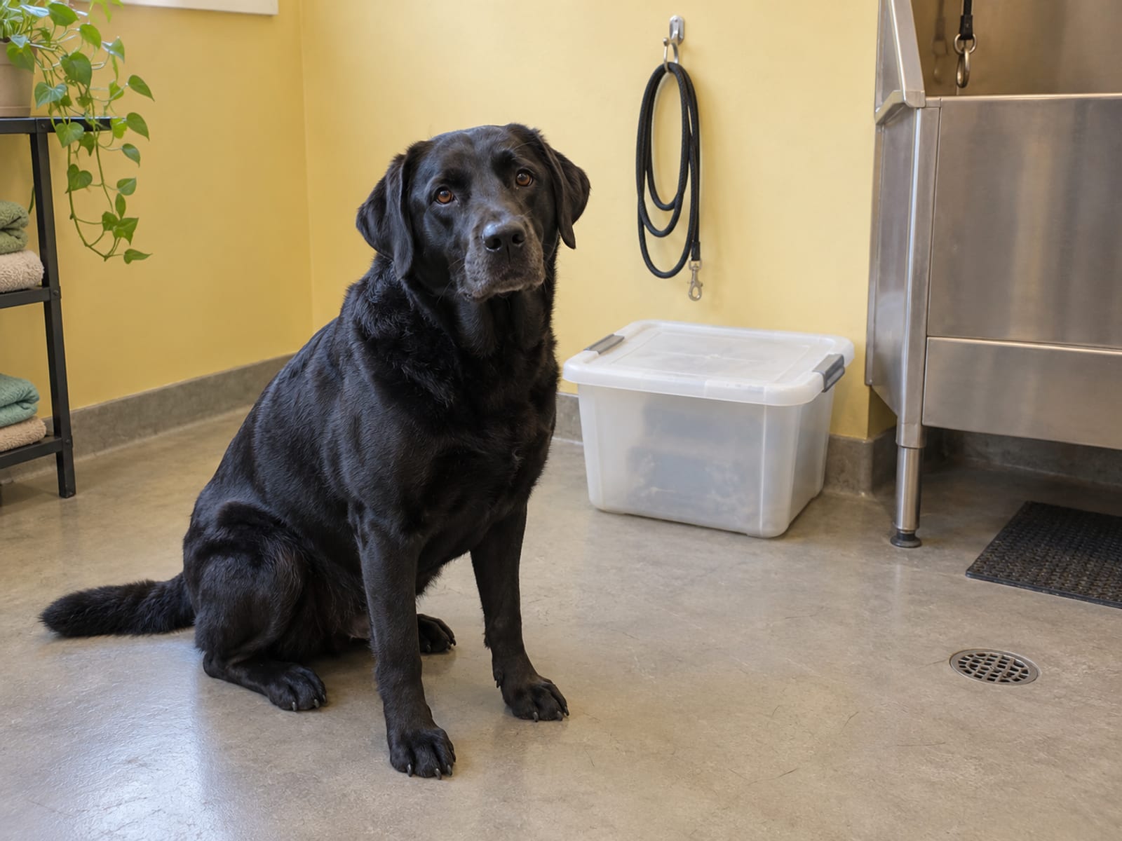 Black Labrador retriever sitting on a grooming room floor beside a closed plastic storage bin, with a coiled leash hanging on a wall hook
