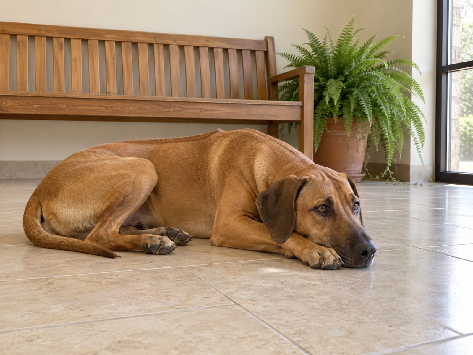 Wheaten Rhodesian ridgeback lying on a cool tile floor beside a wooden bench and a potted fern in a bright waiting area
