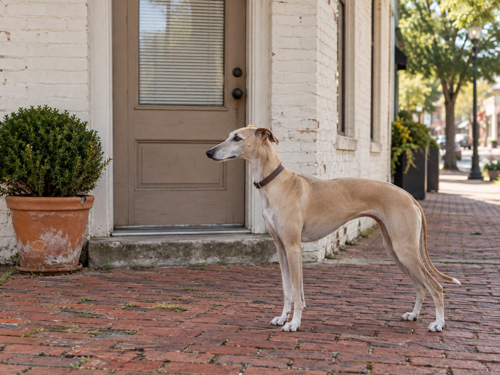 Fawn whippet standing on a brick front walk beside a small storefront with a plain closed door and a potted plant