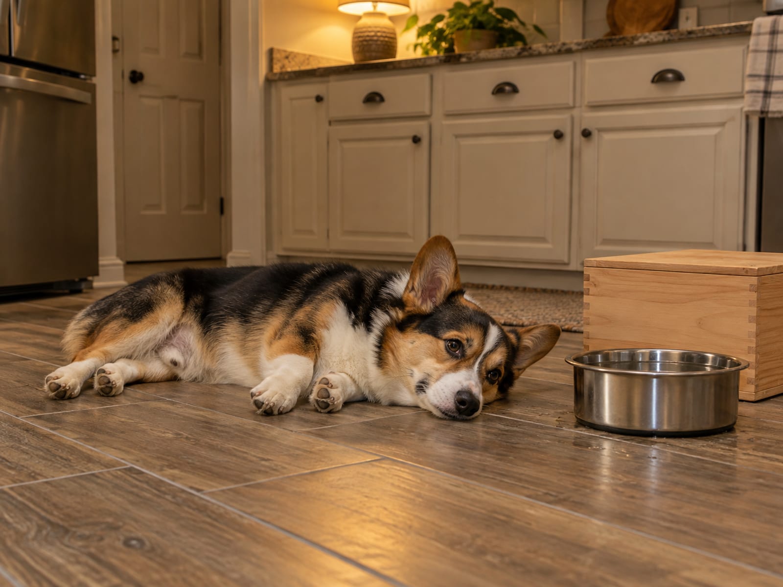 Tricolor corgi lying relaxed on a wood-look kitchen floor beside a full water bowl and a closed wooden box under lamplight
