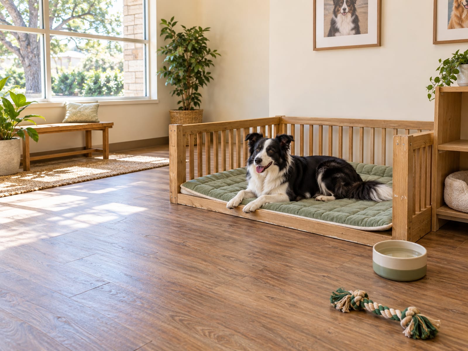 Black and white border collie lying on a padded mat inside a spacious pet shop play room with a low wooden pen and a bright window