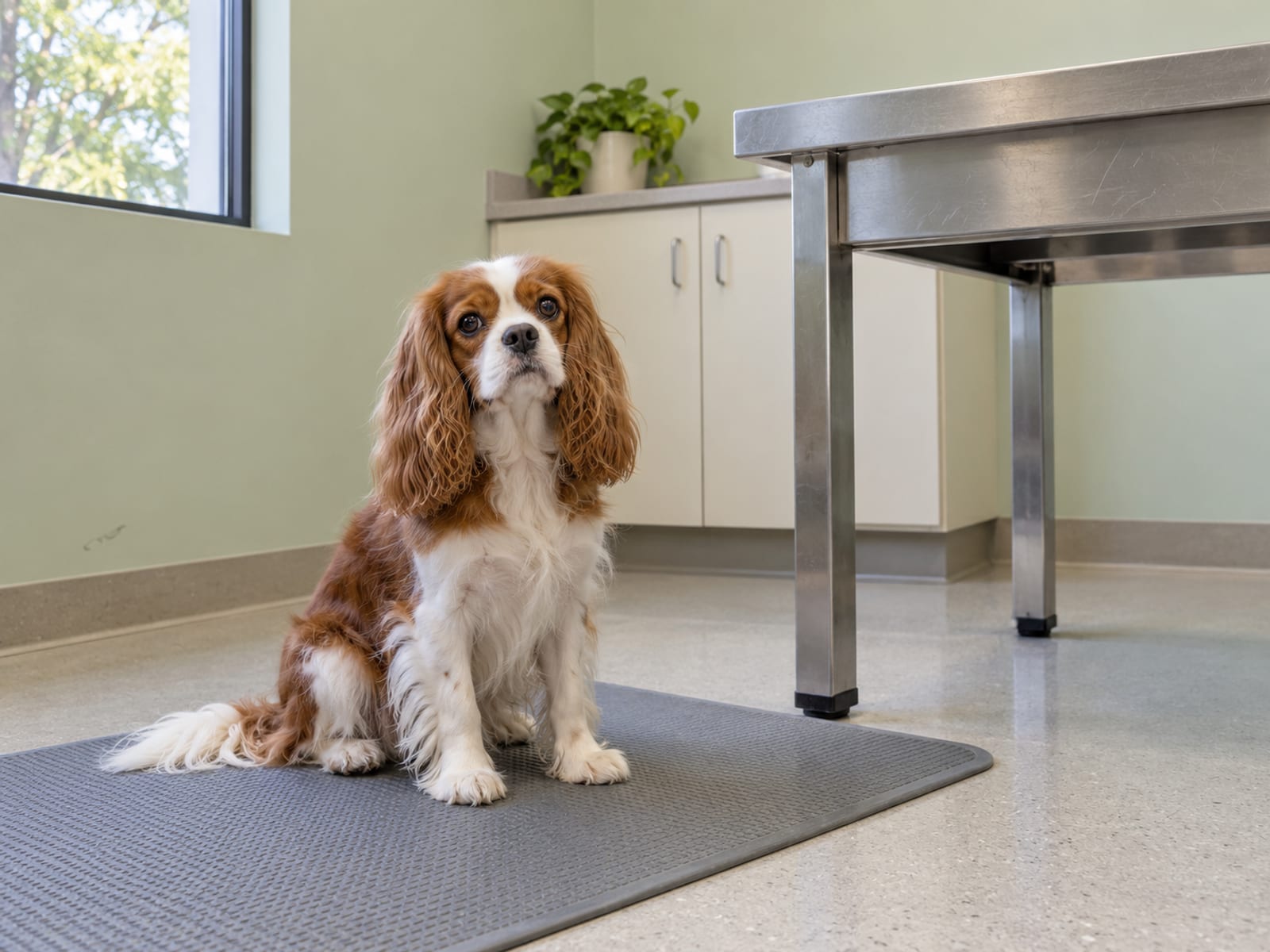 Cavalier King Charles spaniel sitting on a non-slip mat beside an empty stainless exam table in a plain veterinary exam room