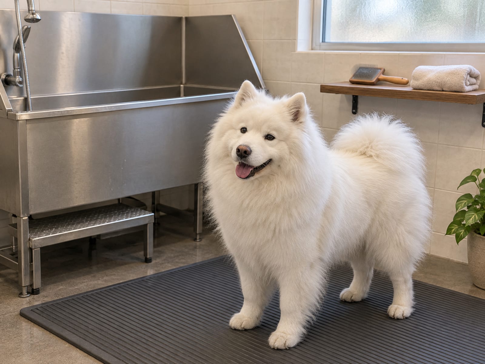 Fluffy white Samoyed standing on a rubber mat beside an empty grooming tub, a brush and folded towel on a shelf