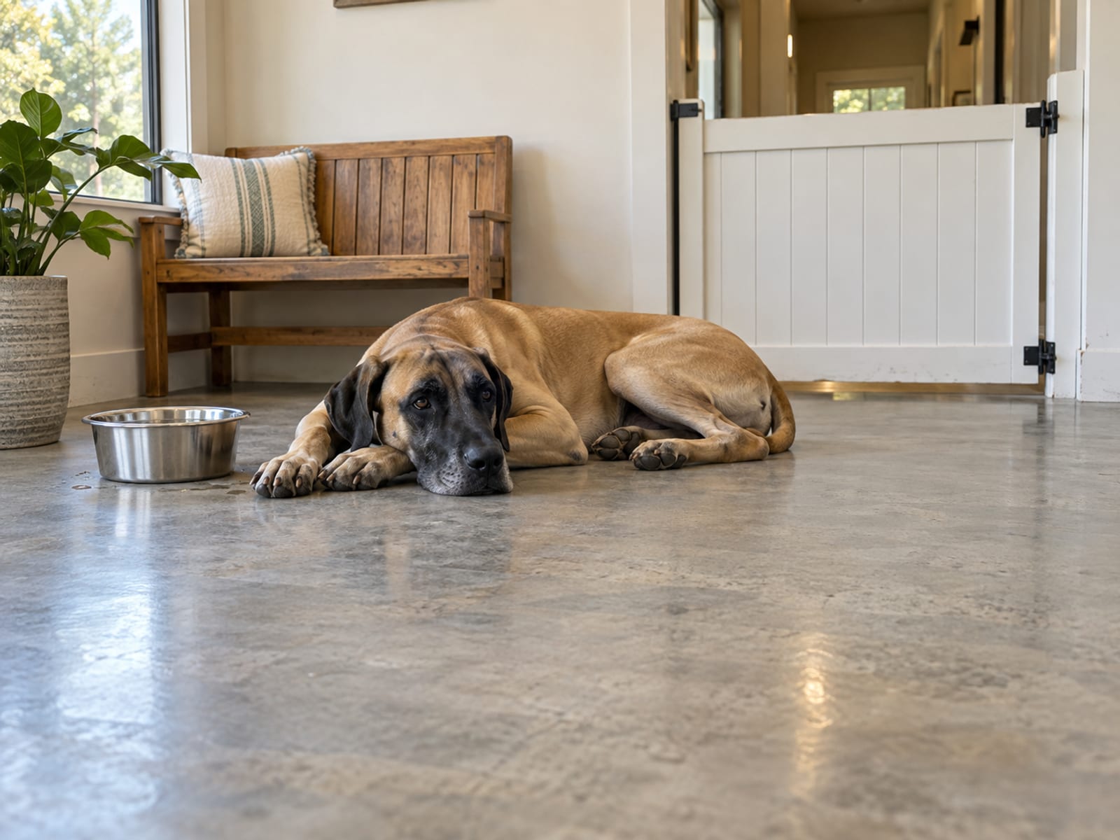 Great Dane lying on a clean concrete floor in a small boarding lobby beside a closed gate, a water bowl and a wooden bench