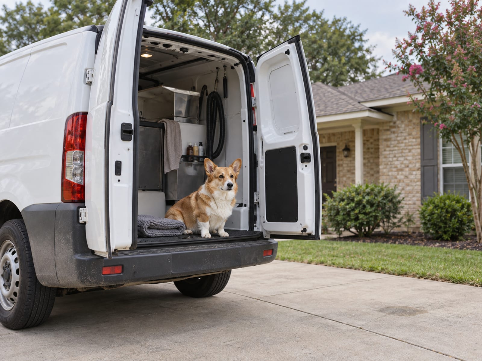 Pembroke Welsh corgi sitting on the open rear step of a plain van beside a folded grooming mat, a pale brick house behind