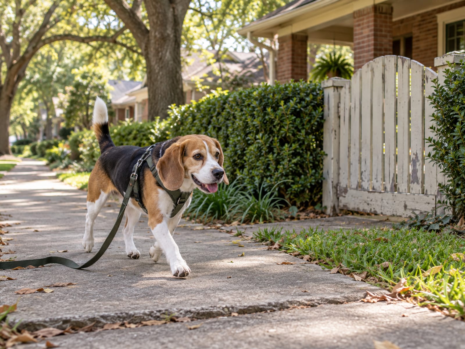 Beagle on a slack leash trotting along a tree-lined residential sidewalk past a neighbor's gate and hedge
