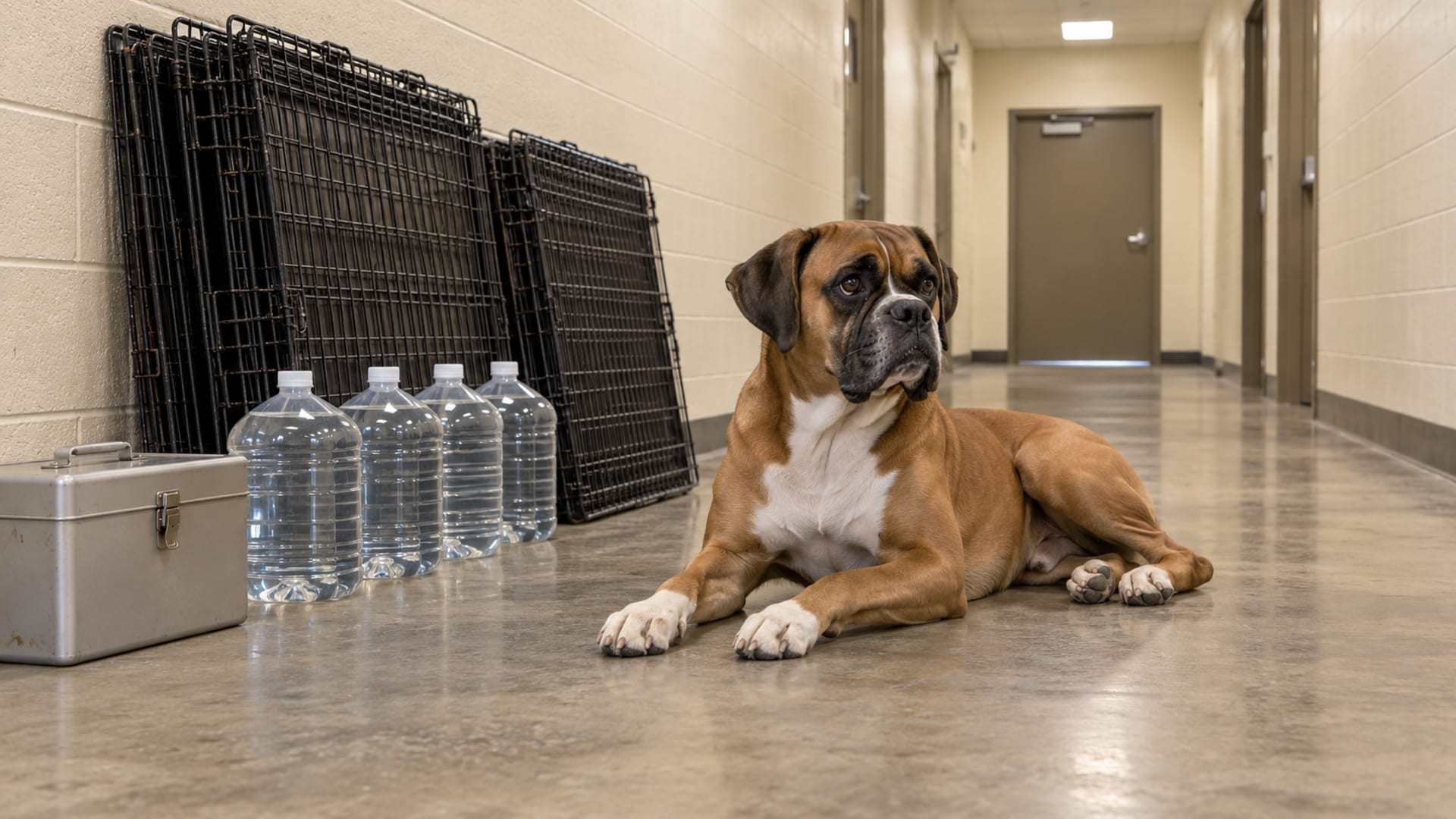 Fawn Boxer lying calmly in a sturdy interior hallway beside stacked folded crates, water jugs and a closed first-aid box
