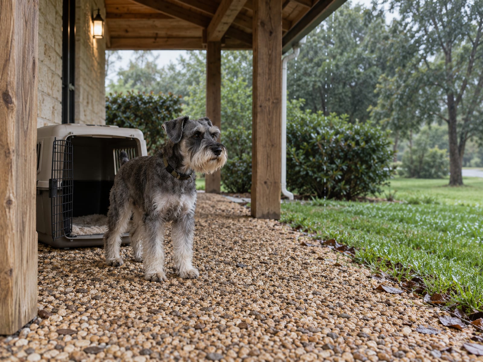 Schnauzer miniatura sal y pimienta de pie sobre un sendero de grava seco bajo una entrada techada junto a una jaula vacía, con un patio mojado por la lluvia al fondo
