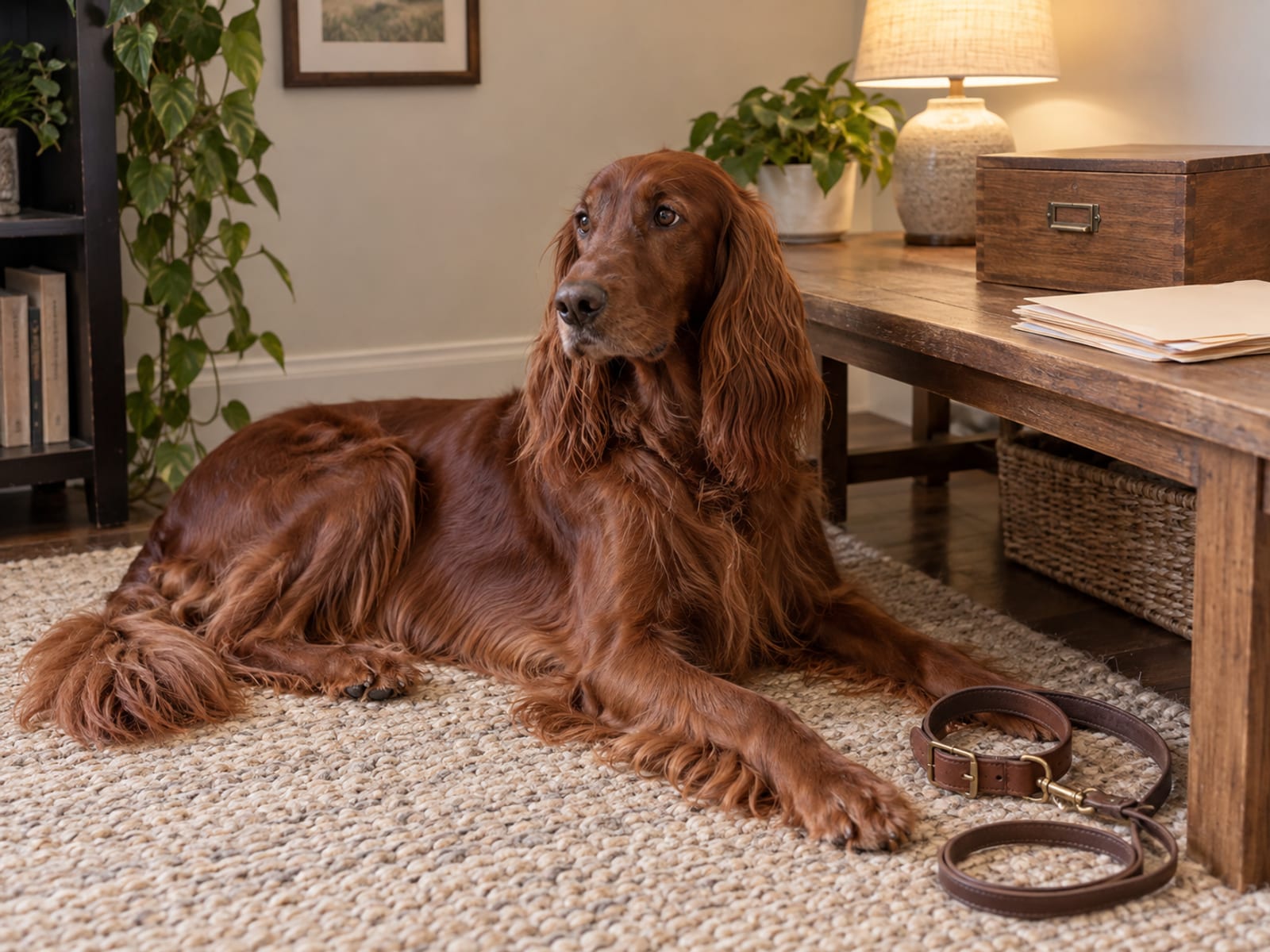 Setter irlandés rojo acostado sobre una alfombra junto a una mesa baja con un archivero de madera y carpetas sin rotular, con un collar y una correa enrollados cerca