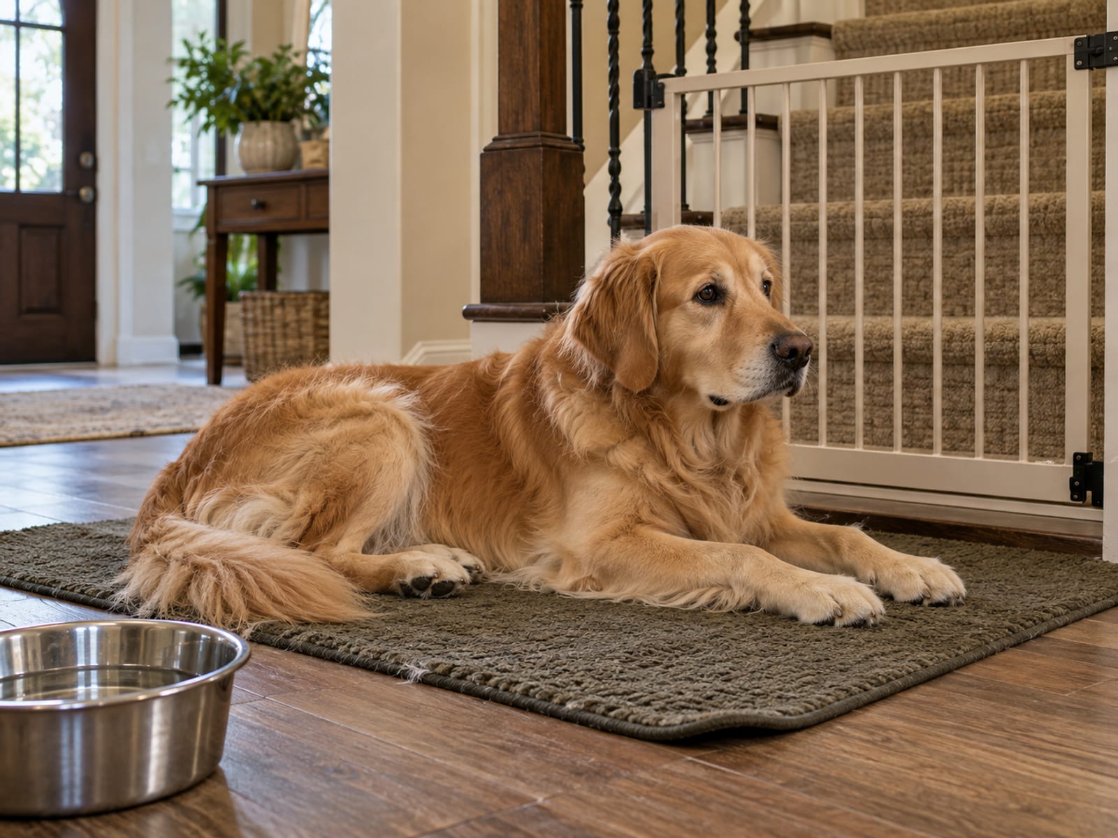 Golden retriever lying on a thick nonslip mat beside a closed baby gate at the foot of a staircase with a steel water bowl