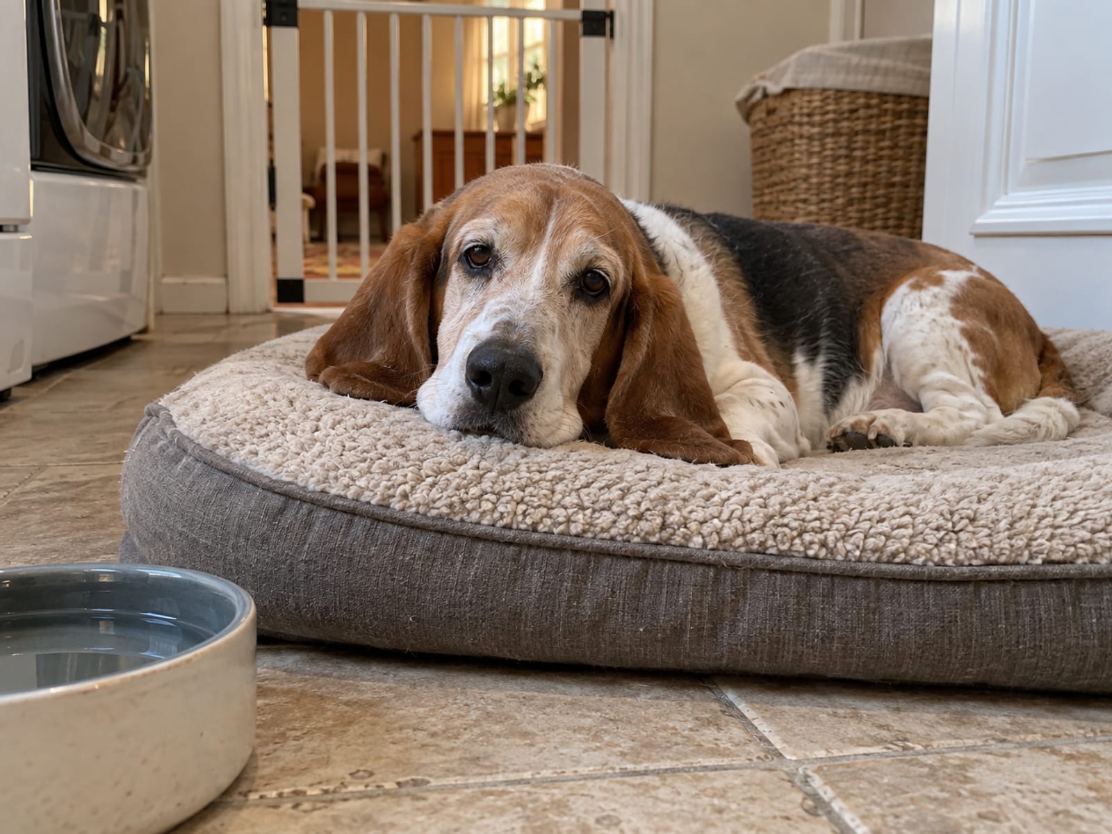 Senior basset hound resting on a thick orthopedic bed in a small tiled laundry room with a low gate and a water bowl
