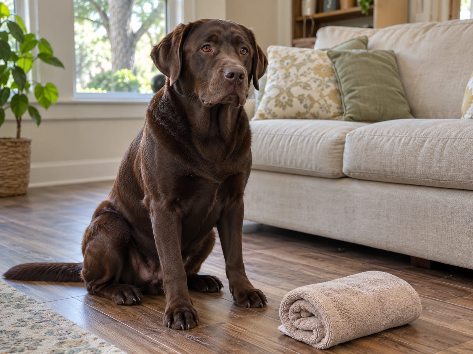 Chocolate Labrador retriever sitting beside a low sofa with a plain rolled towel on the floor