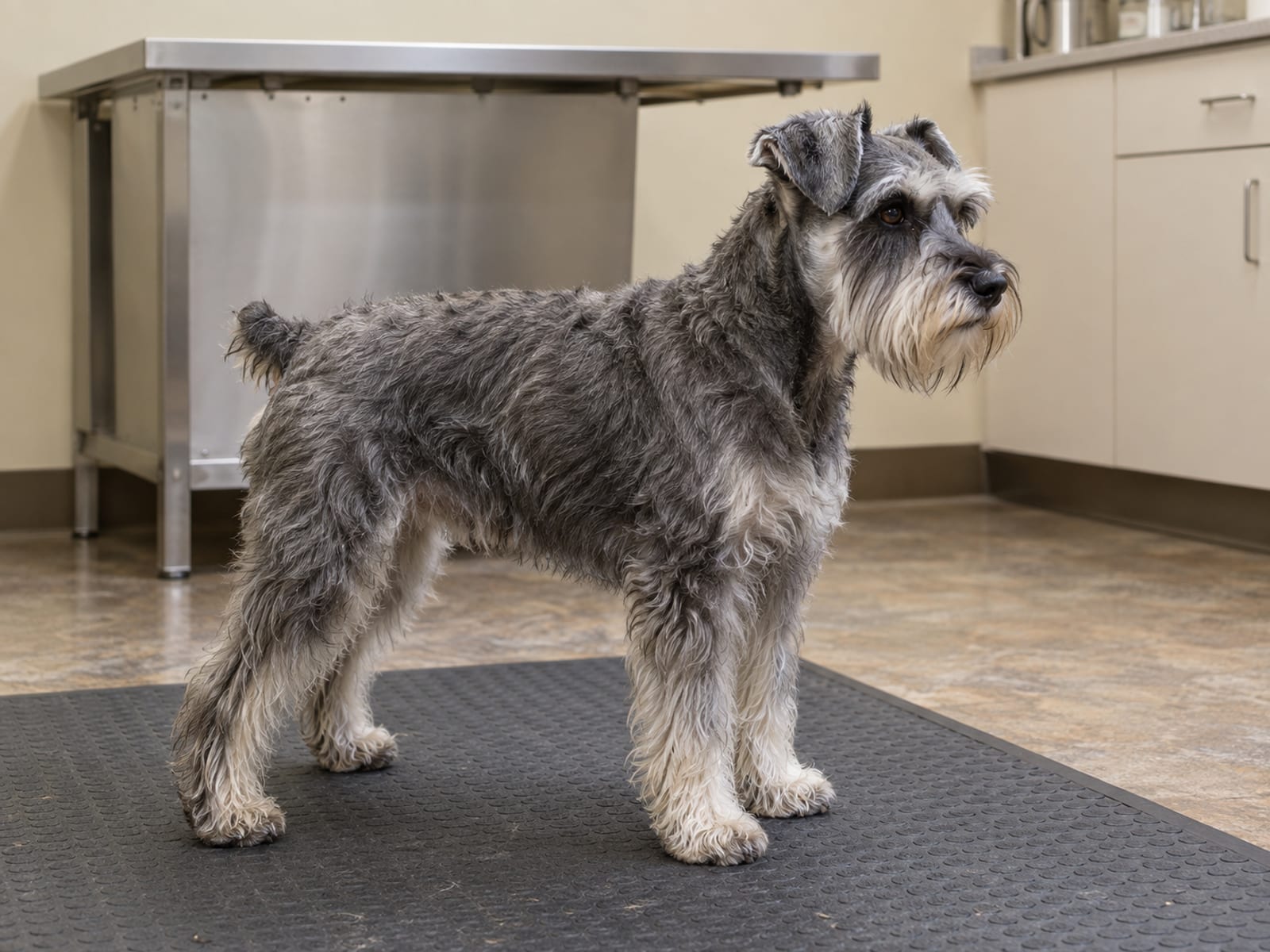 Gray schnauzer standing on a nonslip mat in a quiet veterinary exam room with a steel table and plain cabinet