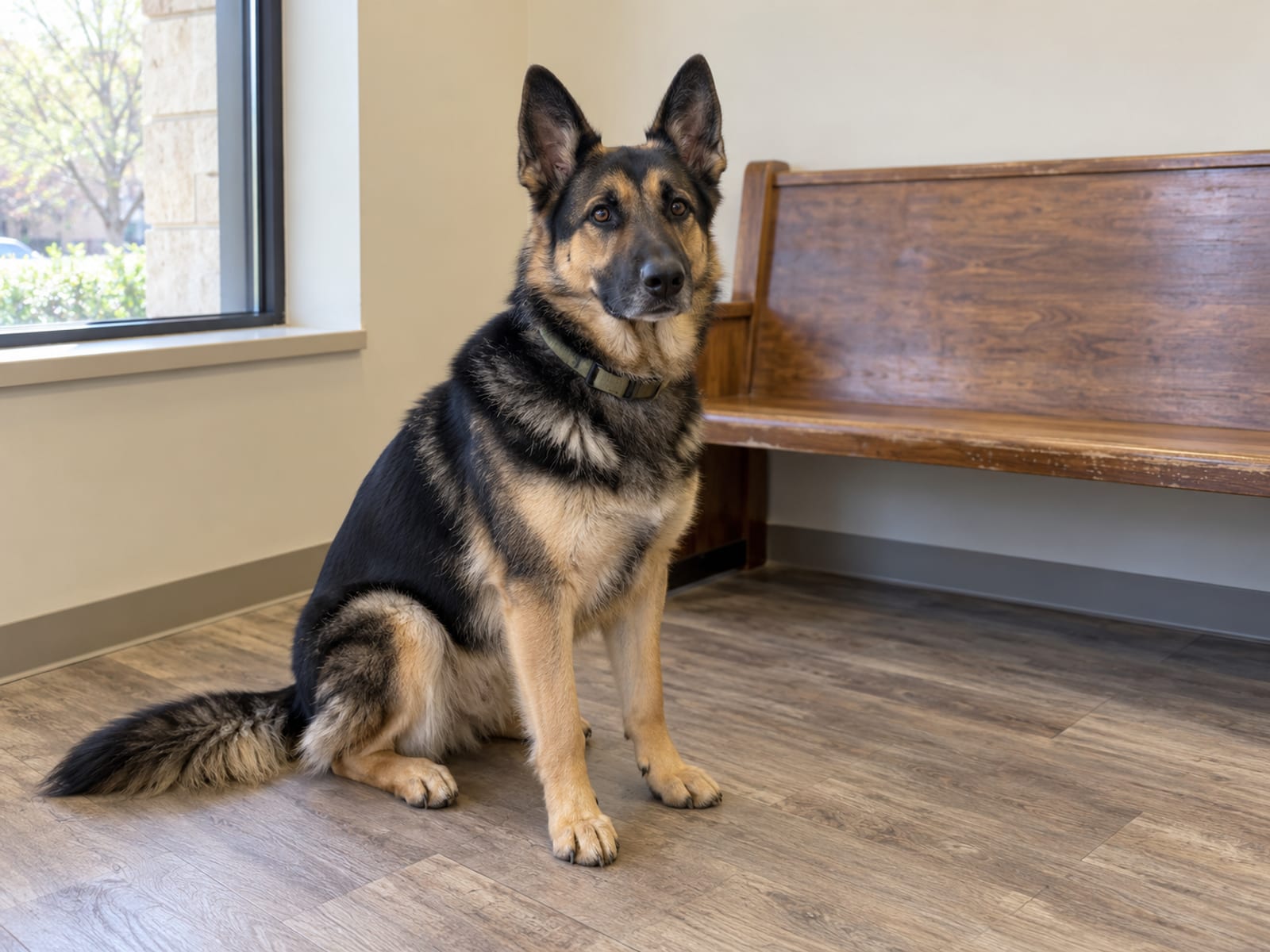 German shepherd mix sitting calmly on the floor of a plain veterinary waiting room beside an empty bench